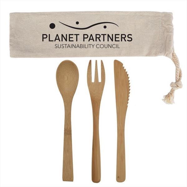 HH2421 3 Piece Bamboo Utensil Set In Travel Pouch With Custom Imprint